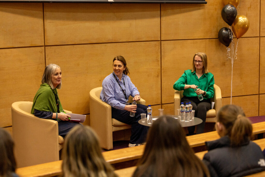 90 second level students across the Midlands listen to a fire-side chat style panel with Lorna Walsh, director of Research Support Services, TUS; Katherine Larkin, a lecturer in technology education, and Catherine Collins of First Polymer Training Skillnet. Photo: Nathan Cafolla